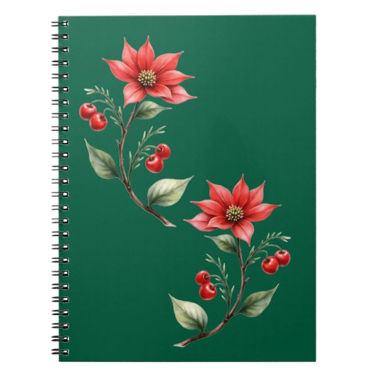 Caderno Espiral Natal verde e flores vermelhas ノートブック (正面)