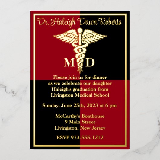 Caduceus医学部卒業，赤/黒 箔招待状 (正面)