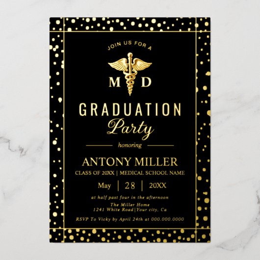 Caduceus Class Of 2026 black graduation Gold foil 箔招待状 (正面)