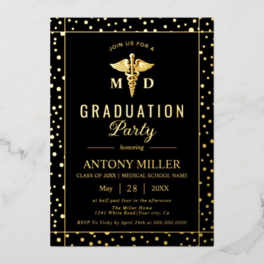 Caduceus Class Of 2026 black graduation Gold foil 箔招待状 (正面)