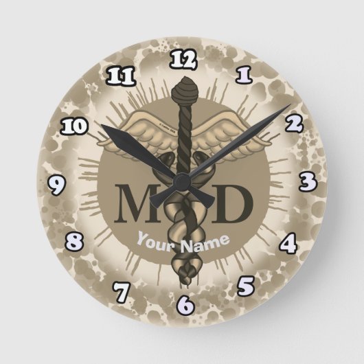 Caduceus MD 医師 ラウンド壁時計 (正面)
