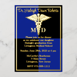 Caduceus Medical School Graduation、Blue/Black 箔招待状