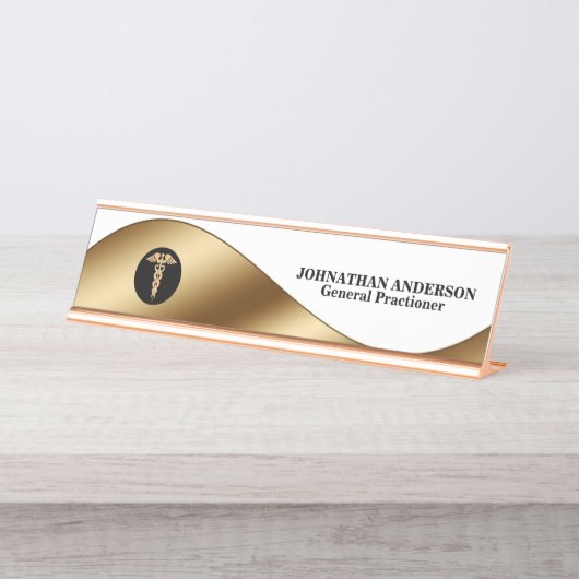 Cadueus金ゴールドの黒人医師がデスクトップに名前を付ける デスクネームプレート (正面)