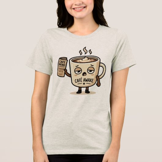 Café Awake Cute Sleepy Coffee Mascot Illustration トライブレンドTシャツ (正面)
