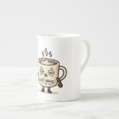 Café Awake Cute Sleepy Coffee Mascot Illustration ボーンチャイナマグカップ (正面右)