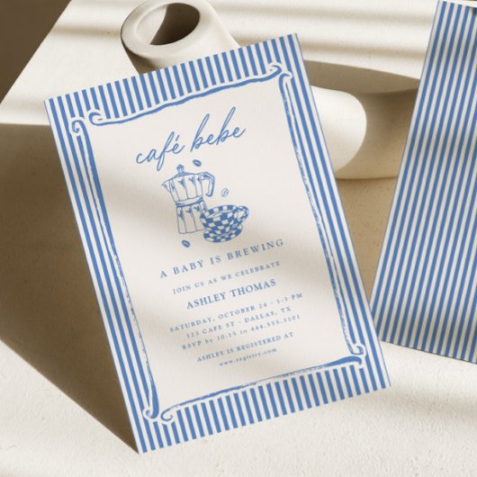 Cafe Bebe ベビーシャワー | ブルーストライプの赤ちゃんが出来つつあります 招待状