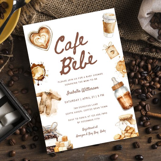 Cafe Bebe Baby Is Brewing Coffee Brown Baby Shower 招待状