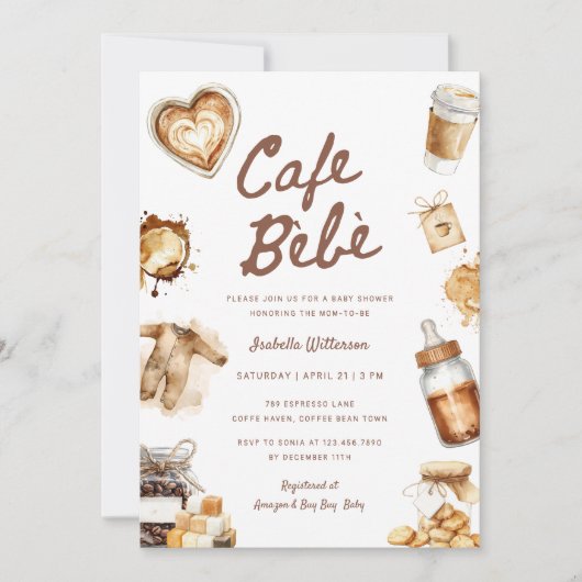 Cafe Bebe Baby Is Brewing Coffee Brown Baby Shower 招待状 (正面)
