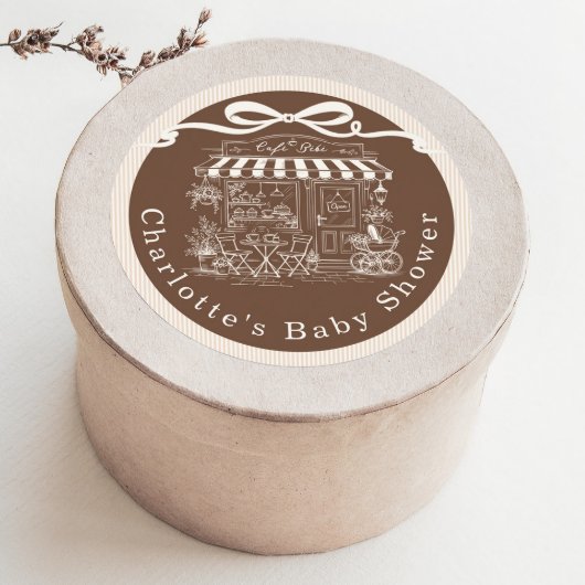 Cafe Bebe Brown Stripes Parisian theme Baby Shower ラウンドシール