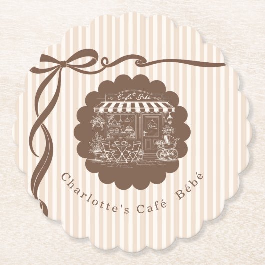 Cafe Bebe Coffee Bow Stripes Baby Shower ペーパーコースター (正面)