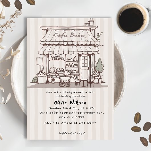 Cafe Bebe Coffee theme gender neutral Baby shower 招待状