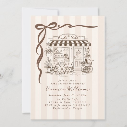 Cafe Bebe Gender Neutral Brown Bow Baby Shower 招待状 (正面)