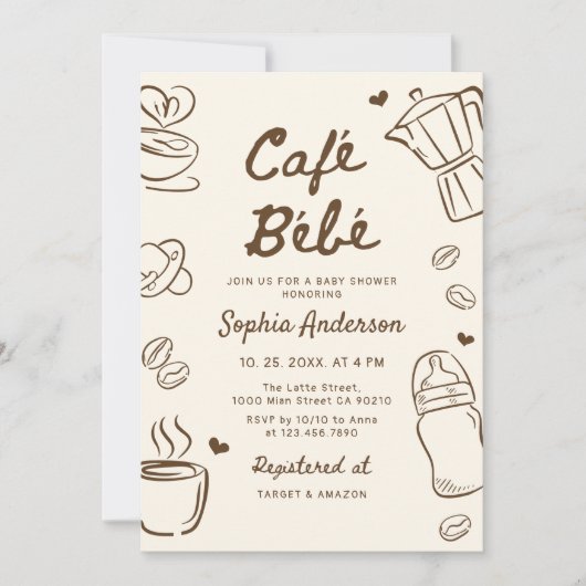 Cafe Bebe Hand Drawn Coffee Baby Shower 招待状 (正面)