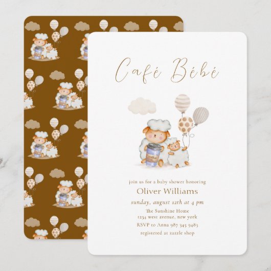 Café Bébé Mommy Sheep  Balloon Coffee Baby shower 招待状 (正面/裏面)