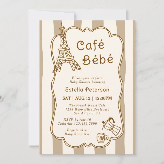 Cafe Bebe Parisian Coffee Shop Themed Baby Shower 招待状 (正面)