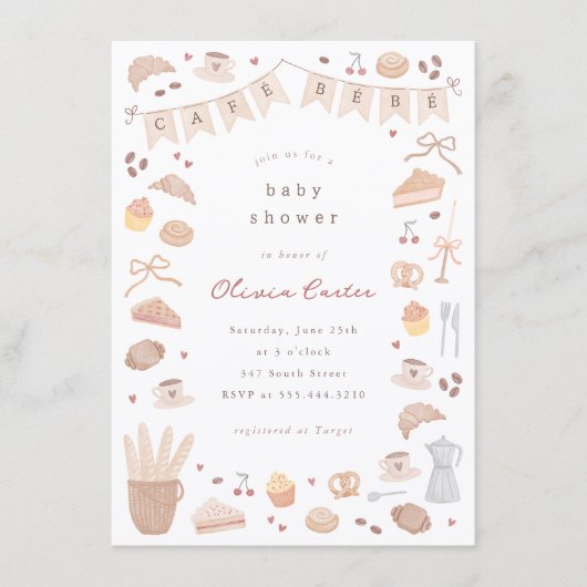 Cafe Bebe Watercolor Baby Shower 招待状 (正面)