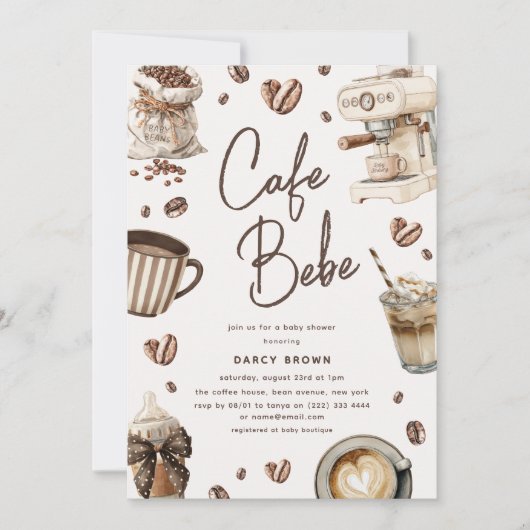 Cafe Bebe' Watercolor Coffee Baby Shower 招待状 (正面)