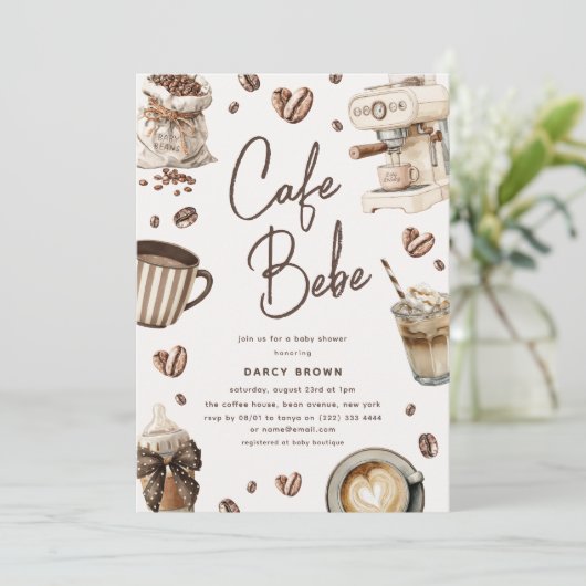 Cafe Bebe' Watercolor Coffee Baby Shower 招待状 (スタンド正面)