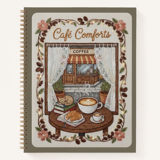 Café Comforts Embroidered Coffee Shop & Book  ノートブック (正面)