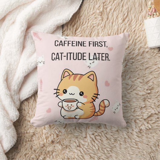 Caffeine First, Cat-itude Later | Funny Cat Decora クッション (ブランケット)