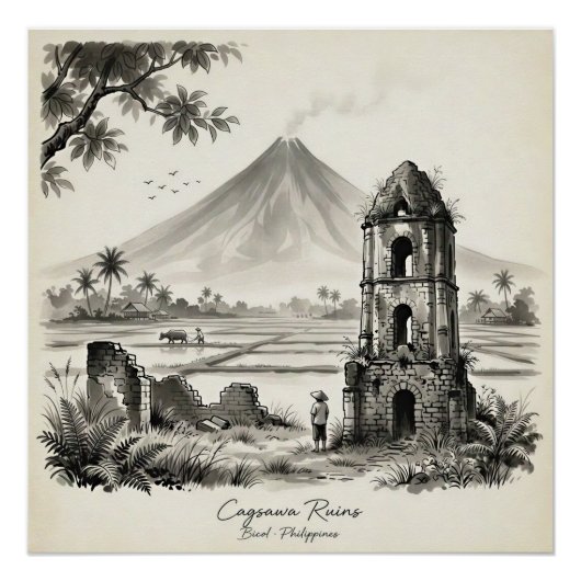 Cagsawa Ruins & Mayon Volcano Philippines ポスター (正面)