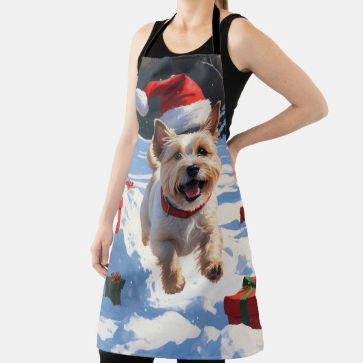 Cainn Terrier走 Christmas Hatで雪の中 エプロン (インサイチュ)