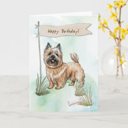 Cairn Terrier Breed Dog Under Birthday Sign カード (黄色い花)