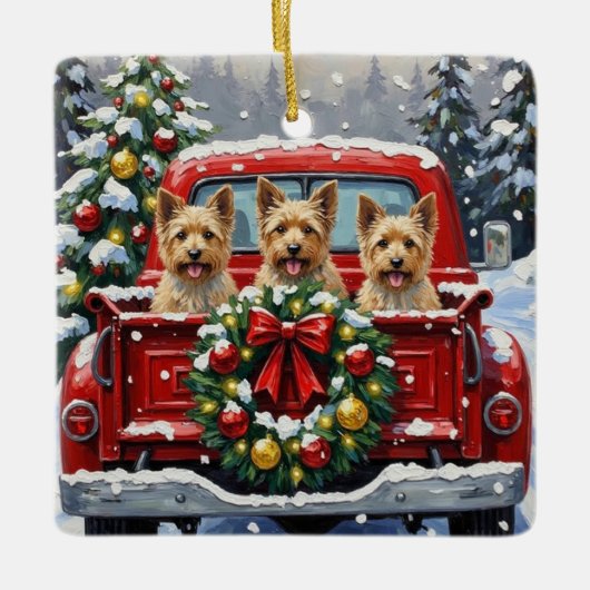 Cairn Terrier Christmas Red Truck Holiday セラミックオーナメント (正面)