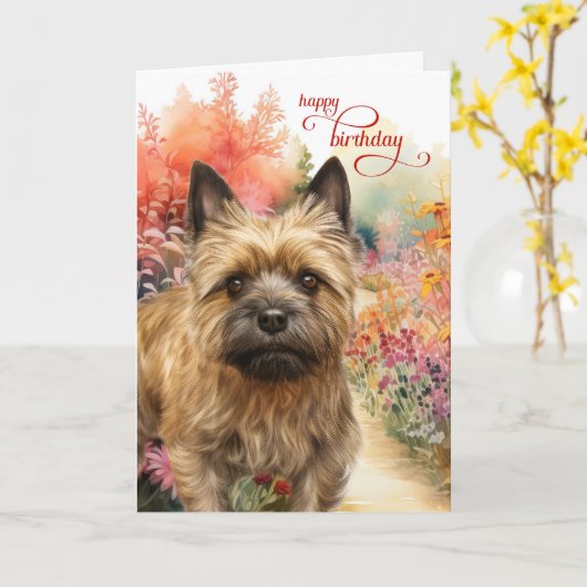 Cairn Terrier Dog Birthday Wishes Garden Path カード (黄色い花)