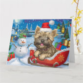 Cairn Terrier Dog in Sleigh Snow Chrimas カード (黄色い花)