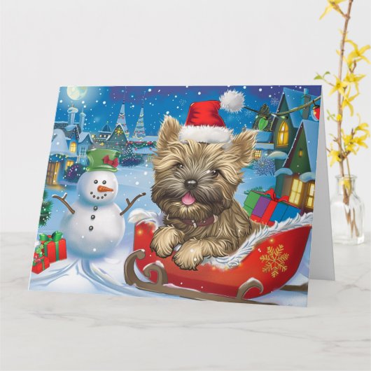 Cairn Terrier Dog in Sleigh Snow Chrimas カード (黄色い花)
