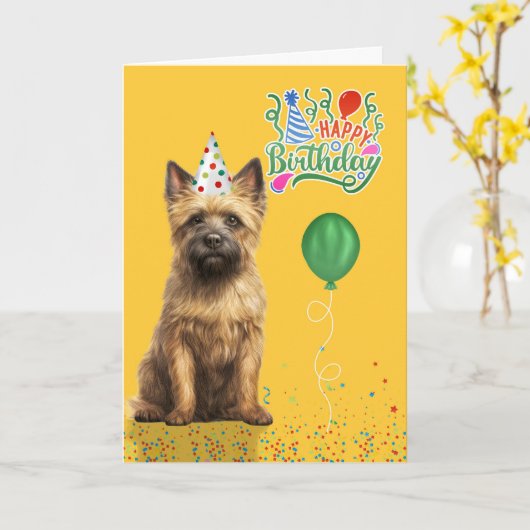 Cairn Terrier Dog Party Hat Yellow Birthday カード (黄色い花)