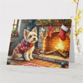 Cairn Terrier Sitting Fireplace Christmas Lights カード (黄色い花)
