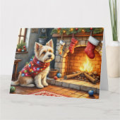 Cairn Terrier Sitting Fireplace Christmas Lights カード (正面)