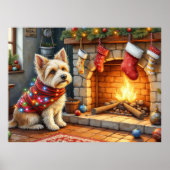 Cairn Terrier Sitting Fireplace Christmas Lights ポスター (正面)