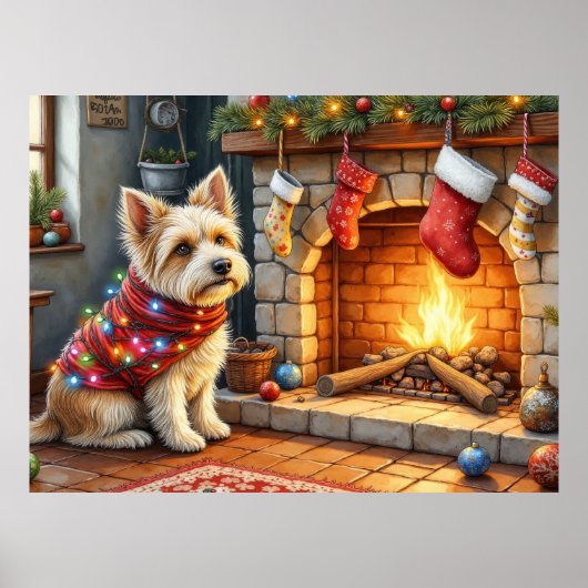 Cairn Terrier Sitting Fireplace Christmas Lights ポスター (正面)