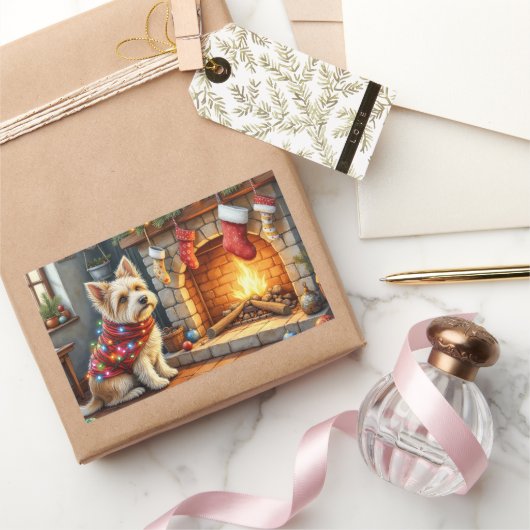 Cairn Terrier Sitting Fireplace Christmas Lights 長方形シール (ギフト)