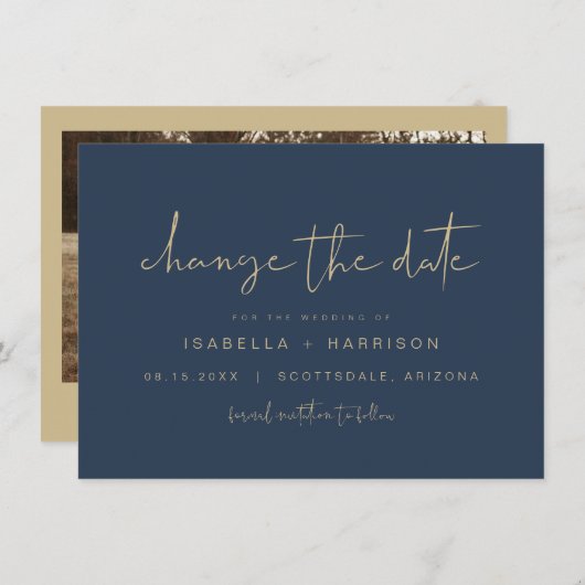 CAITLINネイビーと金ゴールド日付の変更招待状 招待状 (正面/裏面)