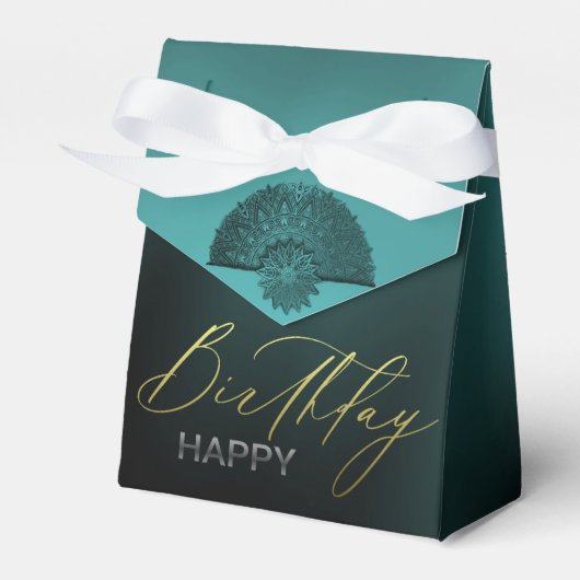 caja de regalo turquesa con decoración de cumple フェイバーボックス (正面サイド)