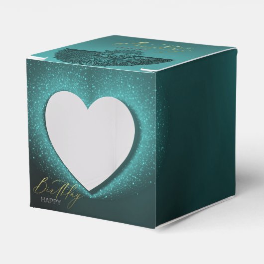 caja de regalo turquesa  con decoración de cumple フェイバーボックス (正面サイド)