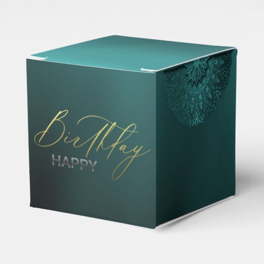 caja de regalo turquesa con decoración de cumple フェイバーボックス (正面サイド)