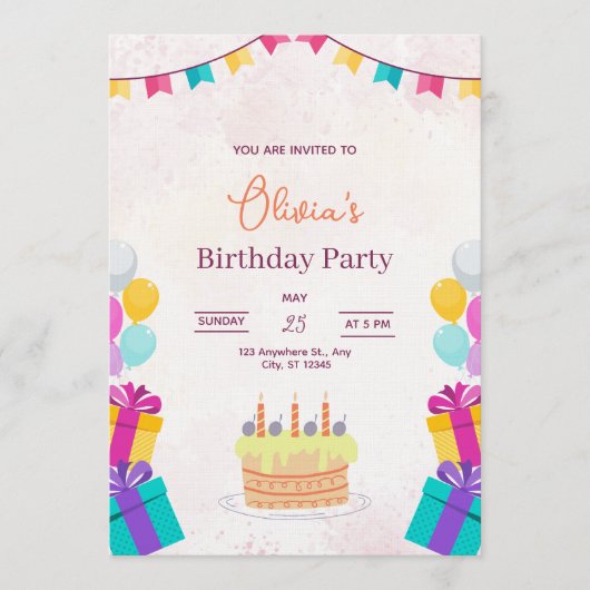 Cake & Balloons Birthday Invitation, Kids Birthday 招待状 (正面)