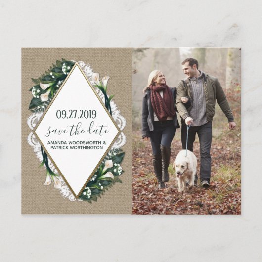 Cala Lily Burlap Lace Wedding Save the Date Cards 案内ポストカード (正面)