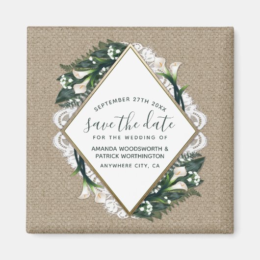 Cala Lily Burlap Wedding Save the Date Magnets マグネット (正面)