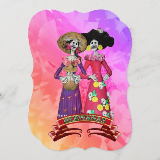 Calavera Amigas Dia De Los Muertos 招待状 (正面/裏面)