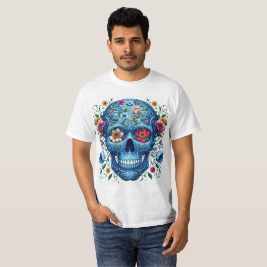 Calavera azul con flores tシャツ (正面フル)