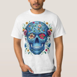 Calavera azul con flores tシャツ