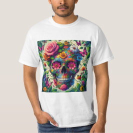 Calavera Azul Floral: Estilo Vibrante Tシャツ