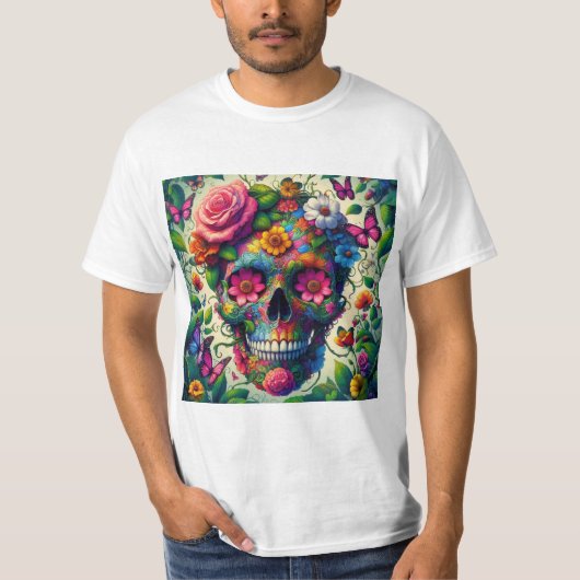 Calavera Azul Floral: Estilo Vibrante Tシャツ (正面)