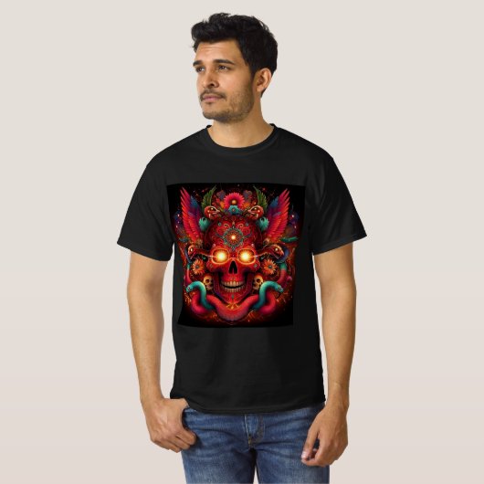 Calavera Roja con Serpientes y Flores Místicas Tシャツ (正面フル)